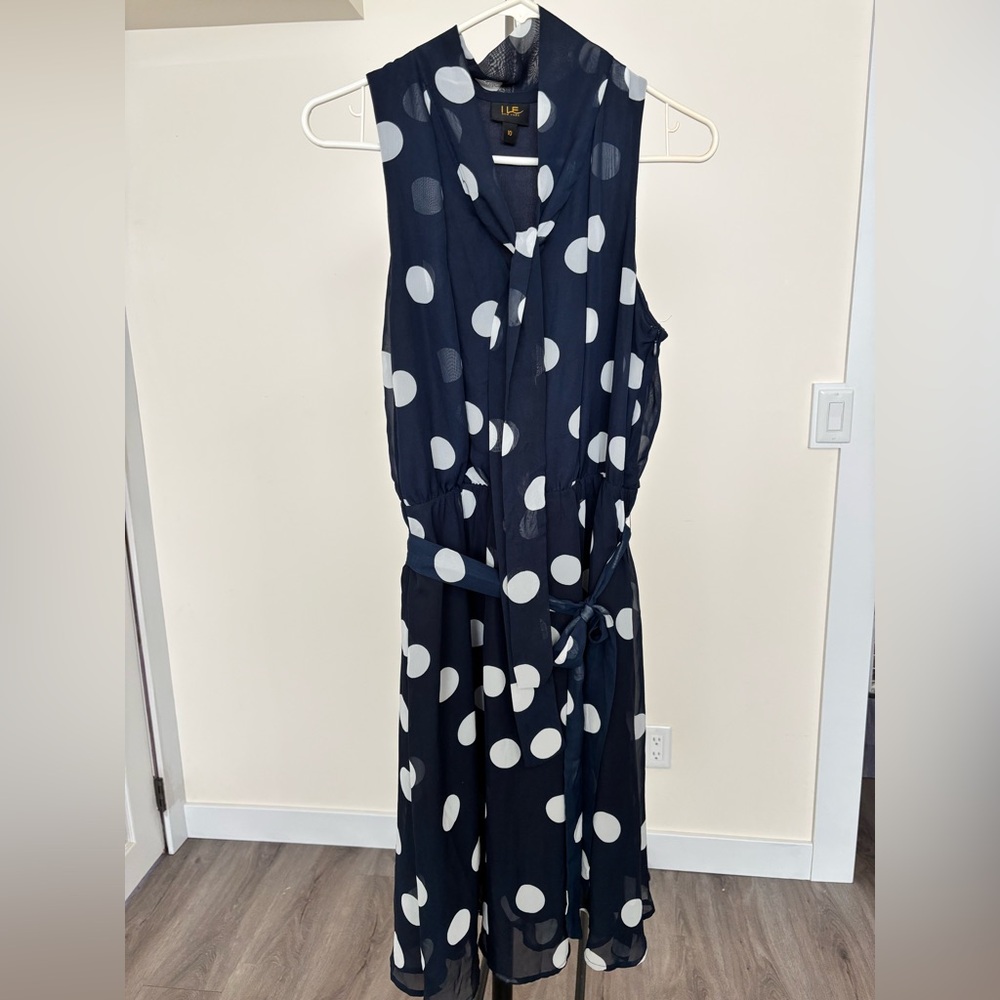 LBD Navy Polka Dot Sleeveless Tie-Waist Dress